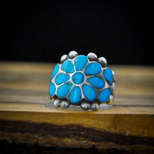 Vintage Zuni Turquoise Flower Inlay Ring Sterling Silver Size 6.5 - Native American Zuni Dishta Style Turquoise Flush Inlay Ring Size 6.5