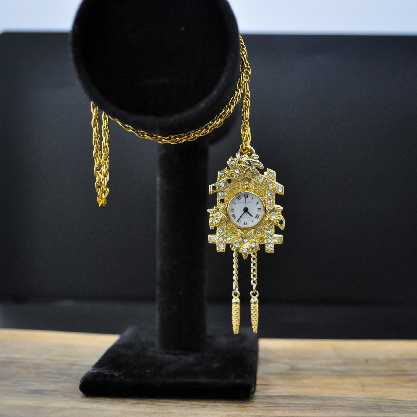 Vintage Lindenwold Cuckoo Clock Pendant Watch Necklace For Parts/Repair - Lindenwold Vintage Rhinestone Cuckoo Clock Necklace Non-Working