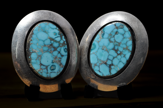 Large Oval Kingman Turquoise Statement Earrings with Matrix Pattern - Signed Blue Spiderweb Turquoise Polished Oval Gemstones in Silver Bezels