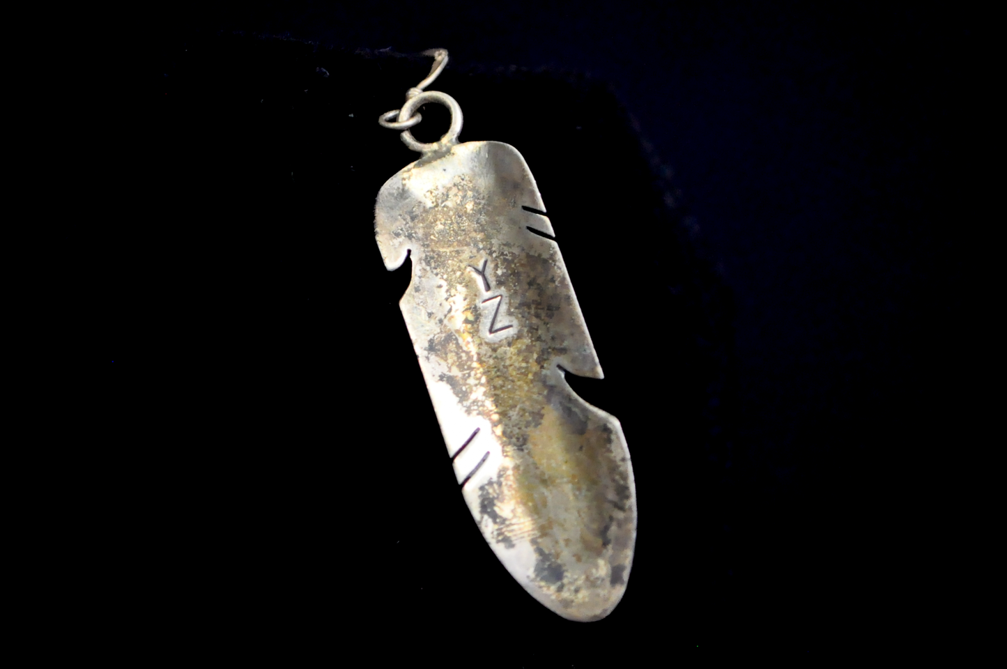 Navajo Yolanda Zah Handcrafted Sterling Silver & Black Onyx Feather Inlay Earrings - Vintage Navajo "YZ" Signed Sterling Silver Black Onyx Feather Dangle Earrings