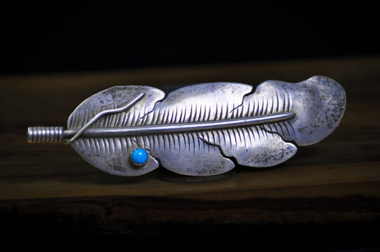 Handcrafted Southwestern Sterling Silver Eagle Feather Hair Clip Turquoise Stone Accent - Antique Eagle Feather Sterling Hairclip Turquoise Stone
