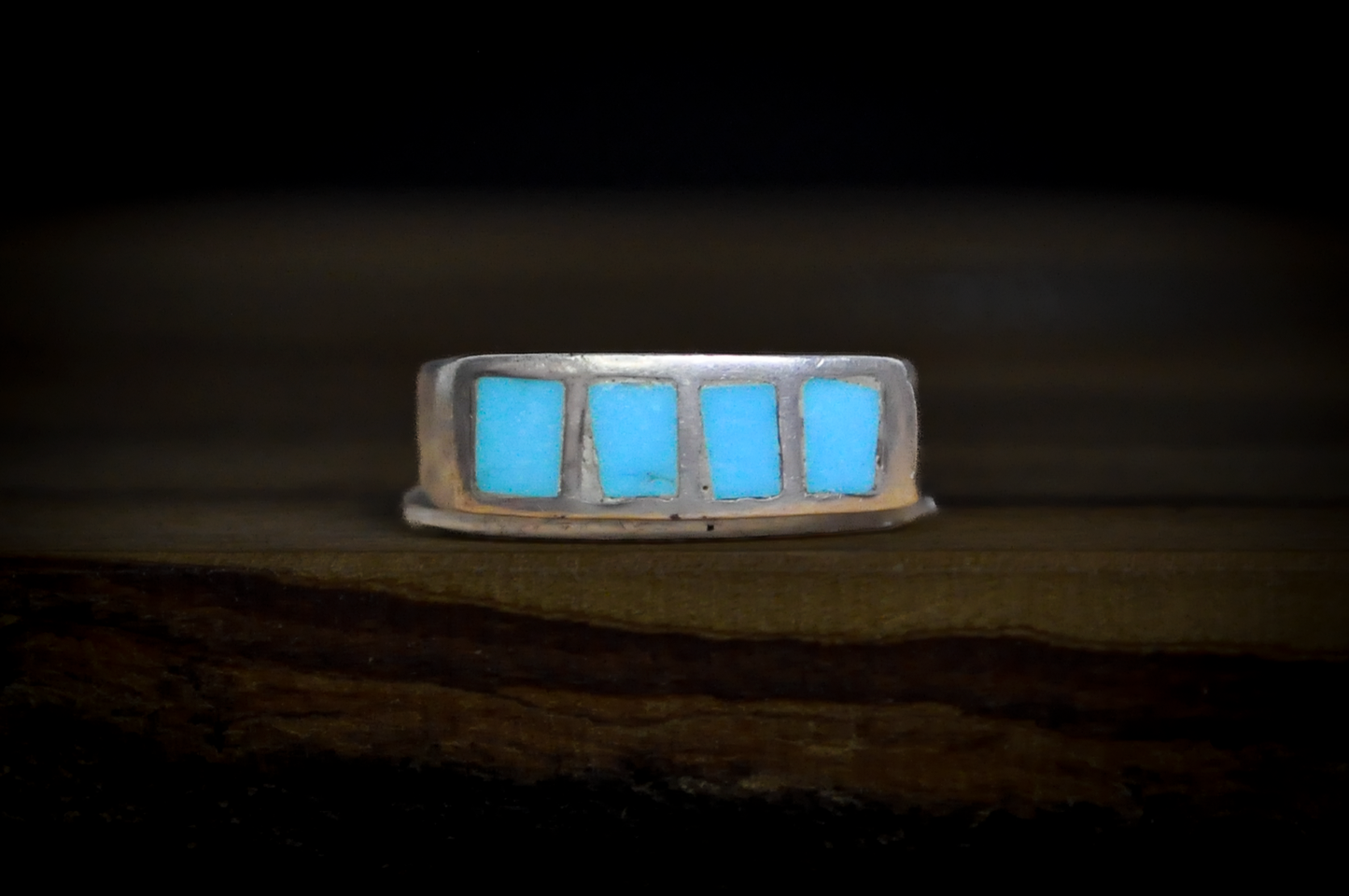Vintage Sterling Silver Four-Stone Turquoise Inlay Band - Handcrafted Rectangular Turquoise Channel Inlay Silver Ring Size 5
