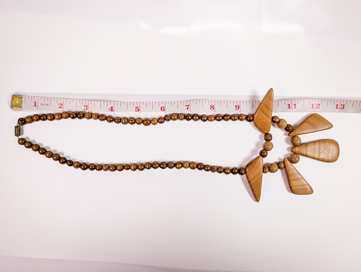 Vintage Wooden Bead Statement Necklace with Geometric Drops, 11 Inches