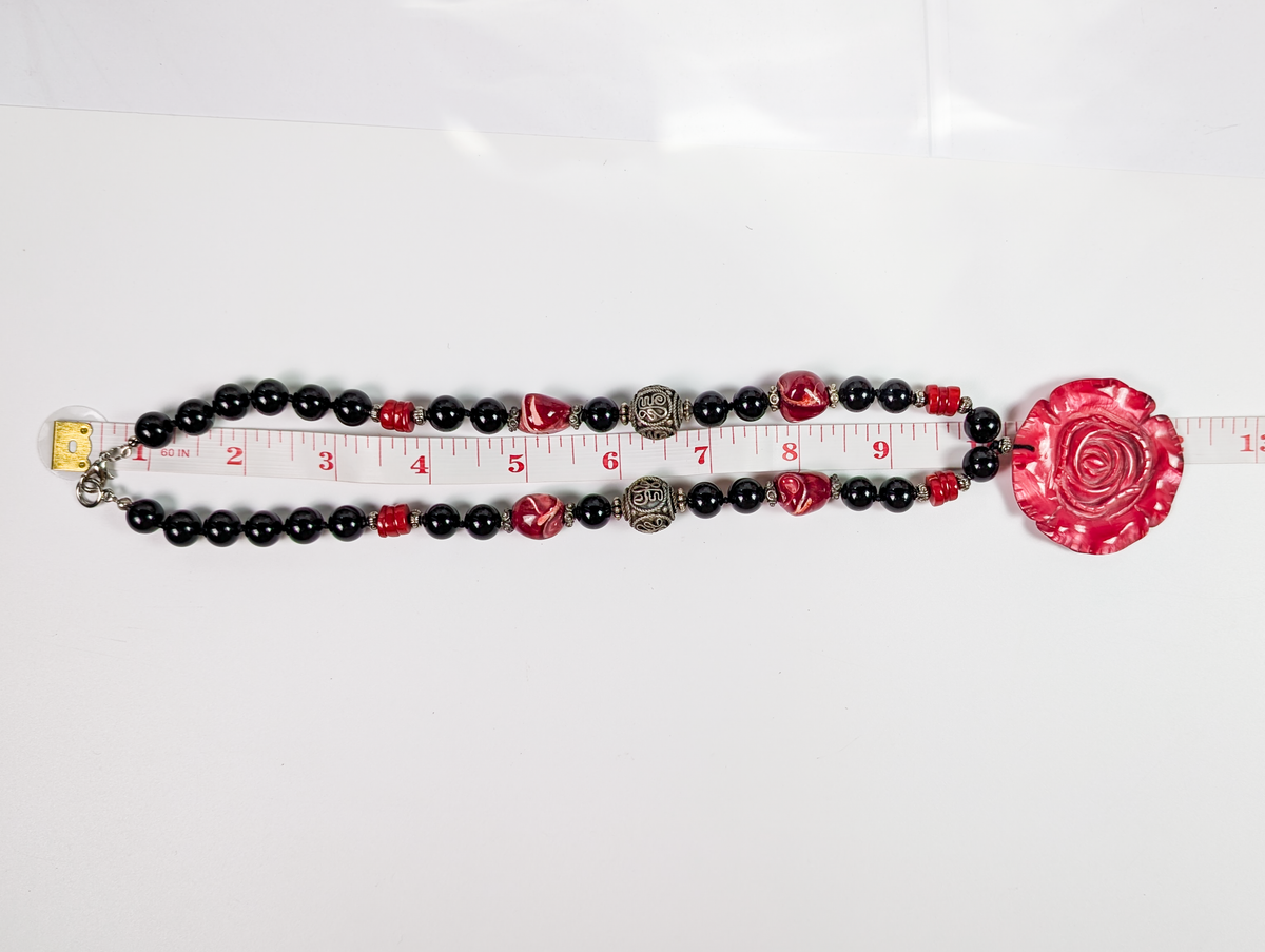 Scarlet Bloom Carved Mother-of-Pearl Rose & Coral Necklace