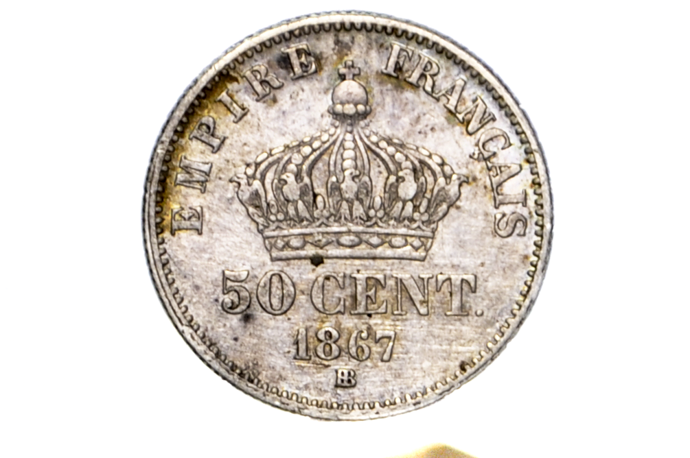 1867 French 50 Centimes - Uncirculated, Beautiful Luster - BB Mint Mark (rarer), Strasbourg Mint - Silver - Napoleon III France Fifty Centimes 1867BB, Napoleon the 3rd