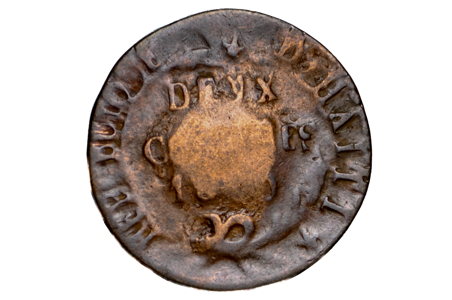 Ancient coin with engraved text and design on a white background