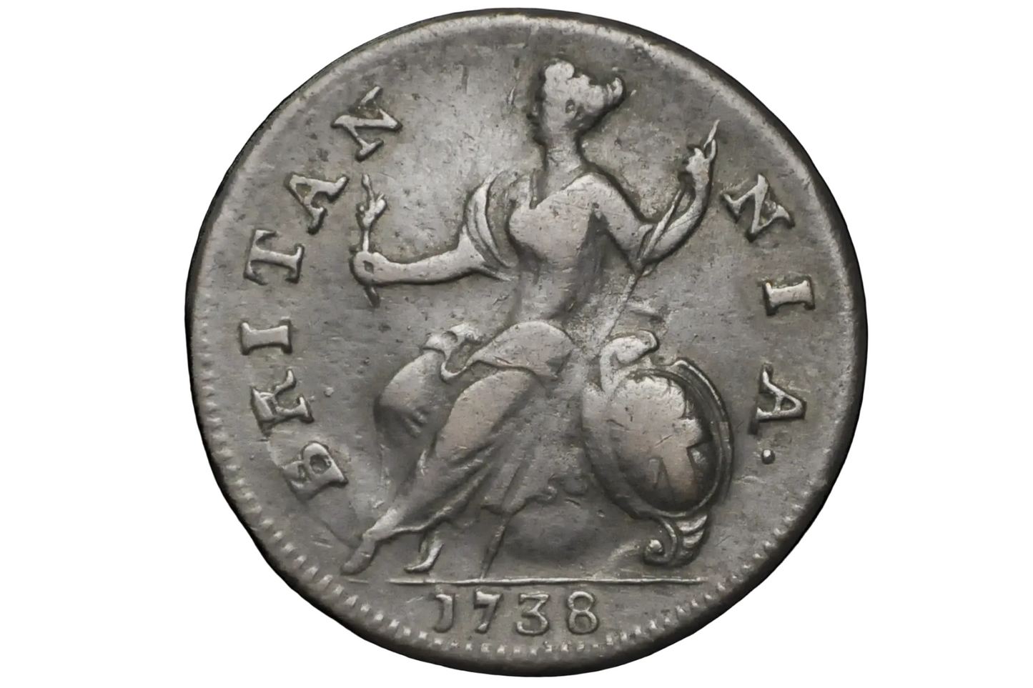 Vintage coin with a figure and 'Britannia' text minted in the year 1738