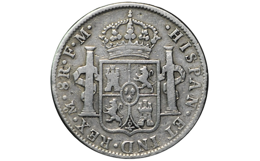 Silver coin with heraldic design and text on a black background