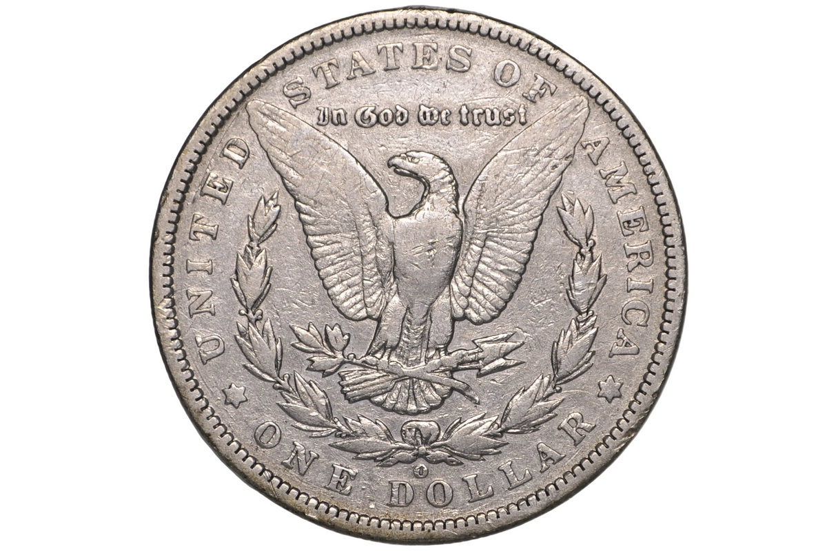 A silver US one dollar coin with an O Mint mark
