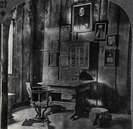 Antique Keystone Stereoview of Martin Luther's Room, Wartburg Castle, Germany - No. 24525 - 1920s Photograph Inside German Castle Stereoview