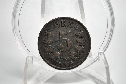 Rare 1875 Norway 5 Ore Coin - Fine Condition - Norwegian Five Ore Coin 1875 - Only 354,000 Made