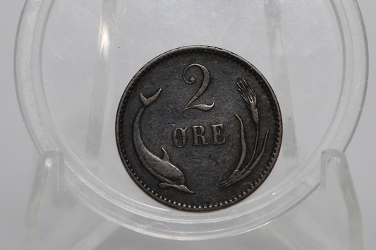 1886 Danish 2 Ore, Porpoise / Dolphin Coin - VF - 1886 Denmark Dolphin Coin / Porpoise Coin - 1,493,000 Minted