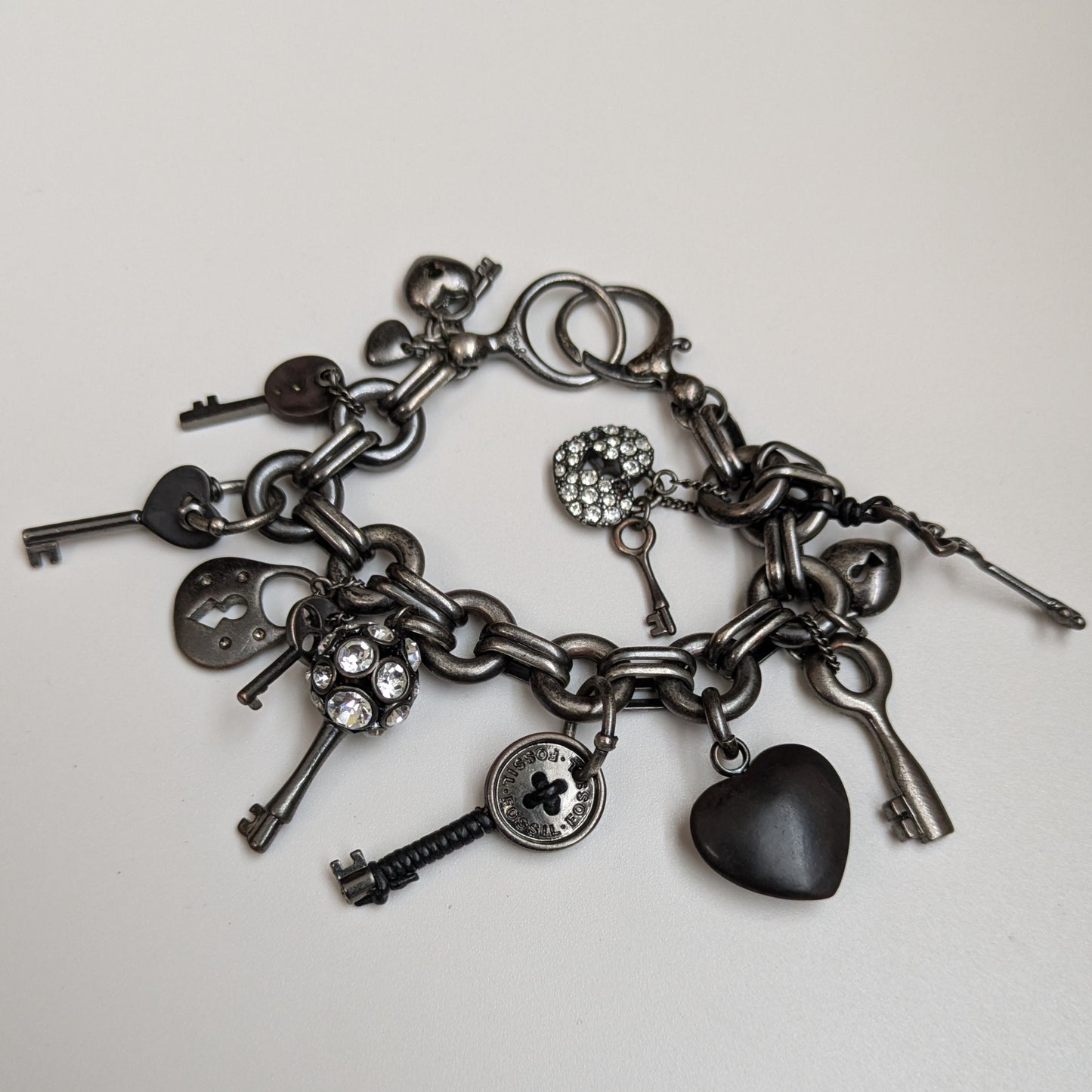 Vintage Fossil Silver Lock and Key Charm Bracelet - 7.5in Length - Signed Fossil - Fossil Dark Silver Chunky Lock Key Charm Bracelet