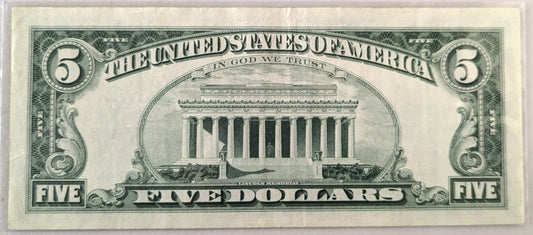 1963 Red Seal 5 Dollar Star Note - Extremely Fine (XF) Grade - 1963 Five Dollar US Legal Star Note - Fr#1536*