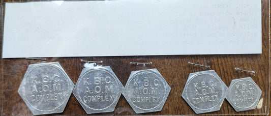 Kanto Base Command Airmen's Open Mess Hall set of trade tokens from Yohota, Japan - Yohota Japan Mess Hall Trade Token Set of 5 denominations - Set of Five Mess Hall Military Base Trade Tokens