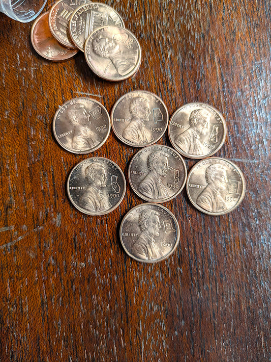 1990 50 Lincoln Memorial Penny State Counterstamps - Non-US Mint 50 Stamped Pennies - 1990 50 Lincoln State Pennies - 50 States 50 Pennies