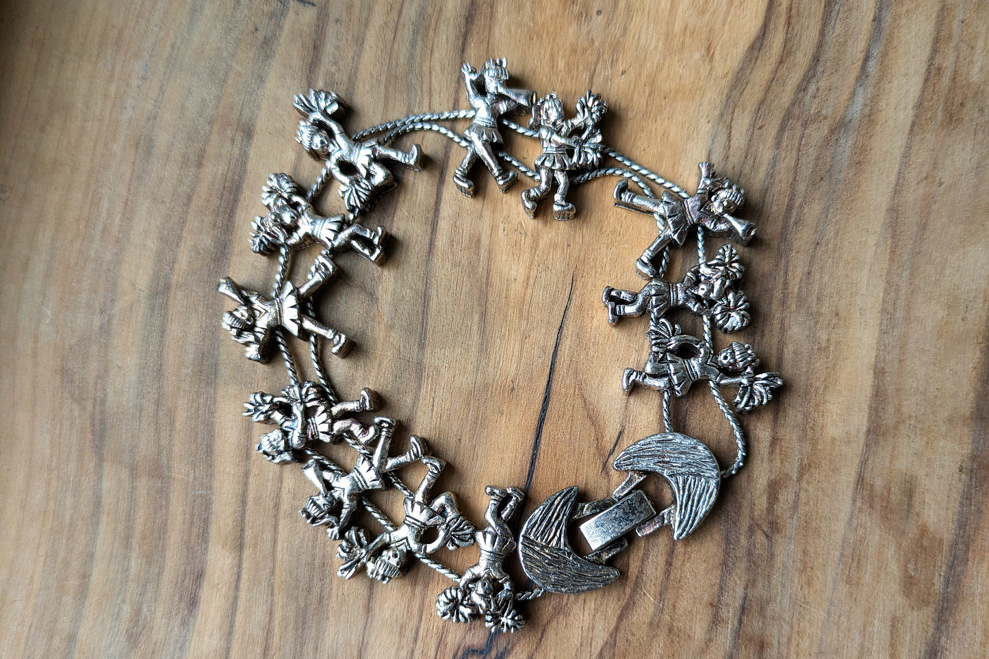 Amazing Tofa Silver Tone Sliding Charm Cheerleader Bracelet - 7 Inches - Signed "S.A." - Various Cheerleading Activities