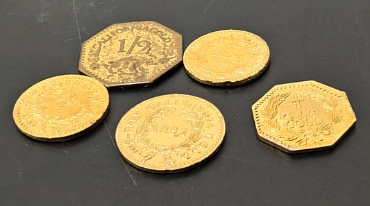 Lot of 5 California Gold Style Tokens Historic Contemporary Tokens
