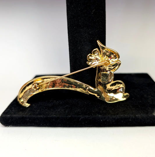 Vintage Black Enamel and Gold Tone Squirrel Brooch with Rhinestones 2 1/2 Inch Pin
