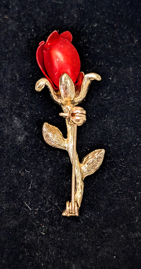 Vintage Gold Toned Red Rose Brooch 2 Inch Flower Pin