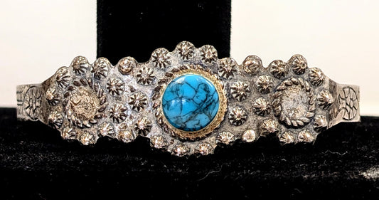 Beautiful Sanford Silver Toned Native Southwest Turquoise Cuff Bracelet - 6" Length - Vintage Sanford Signed Navajo Arrow Design Bracelet