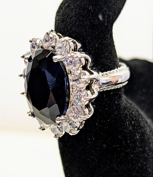 Designer Kenneth Jay Leno Silver Toned Lab-Created Sapphire Classic Statement Ring - Size 7 - Vintage KJL Silver Sapphire Cocktail Ring