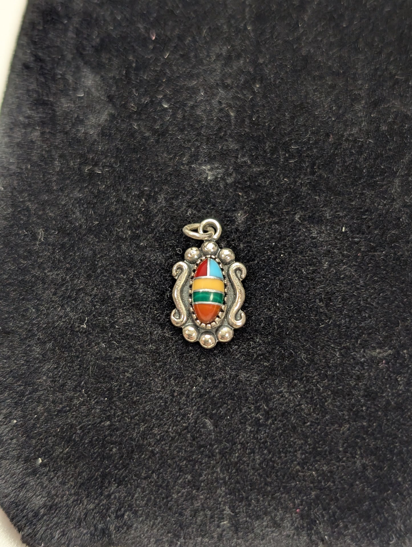 Rare Small Sterling Silver Native Southwest Turquoise & Coral Chip Inlay Pendant - Stamped and Tested Sterling Silver - Elongated Scroll - Wheeler Manufacturing