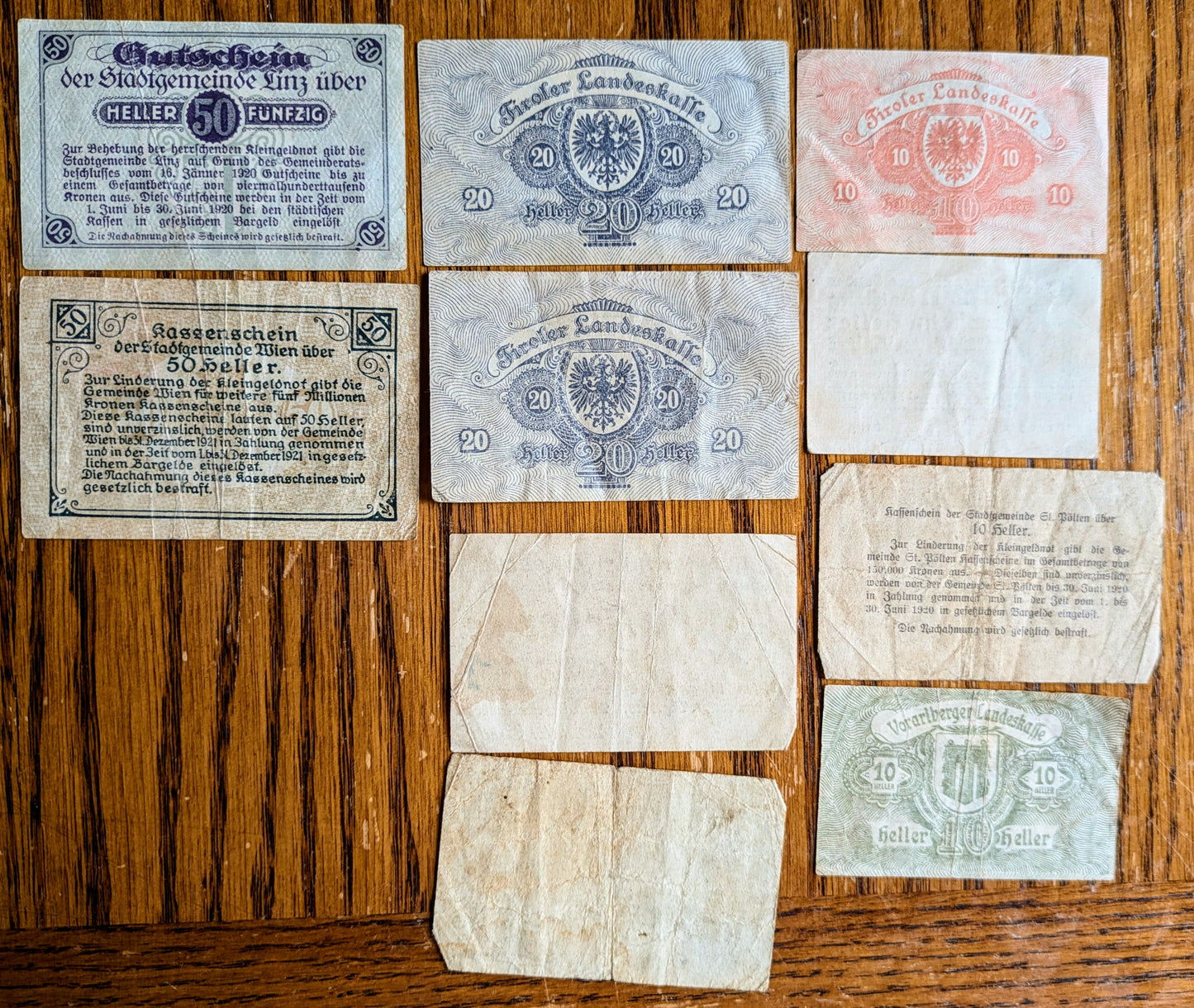 Lot of 10 WWI Austria Heller Notgeld Emergency Notes - 10, 20, and 50 Heller - WWI Austrian Notgeld - 1920 Austria Heller Municipal Notes