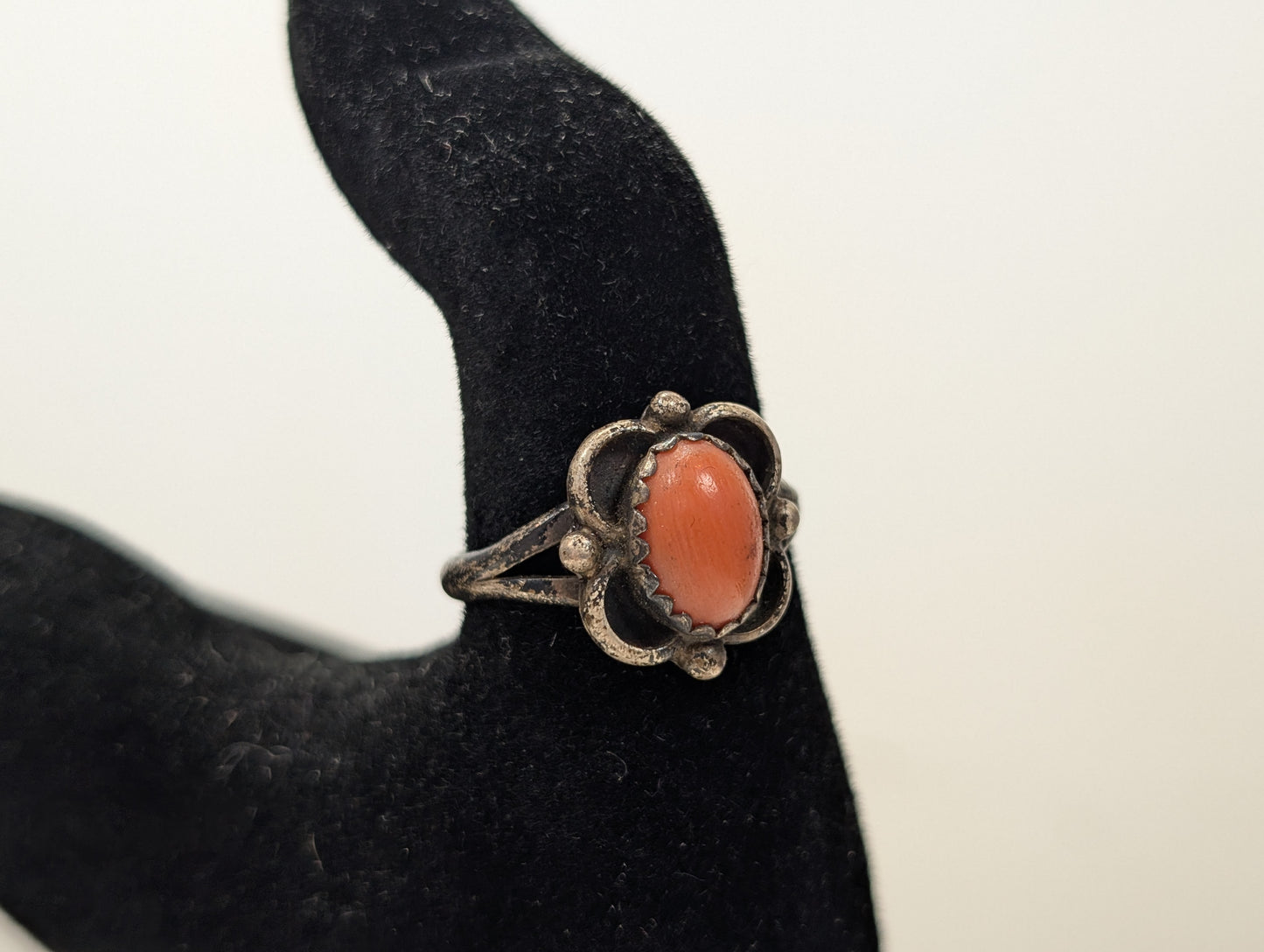 Sterling Silver Native American Southwest Coral Solitaire Ring - Size 7 - Tested Sterling Silver - Zuni Coral Solitaire Ring