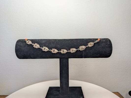 Sterling Silver Floral Heart Bracelet - 7.5 Inches - Stamped and Tested Sterling Silver - Very Old Bracelet