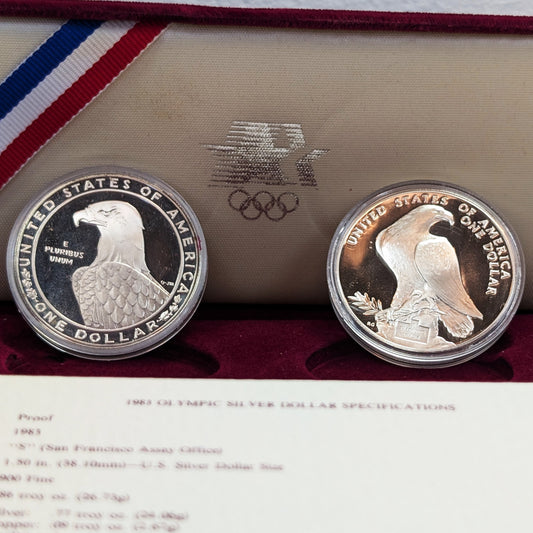1983-S & 1984-S $1 Silver Dollar Proof Los Angeles Olympics 2 Coin Set w/Box & COA