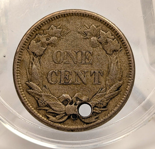 1858 U.S. Flying Eagle One Cent Large Letter Coin Holed for Jewelry XF AU Detail
