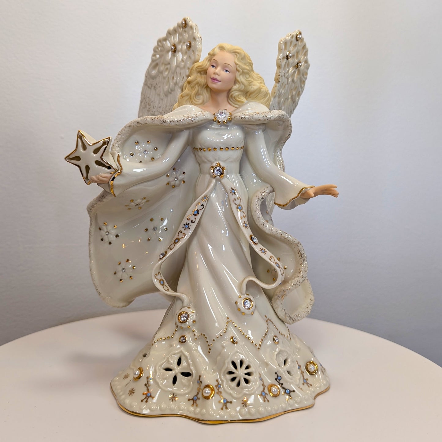 9" Lenox Florentine & Pearl Lighted Angel Ivory China 24kt Gold Leaf Faux Pearl