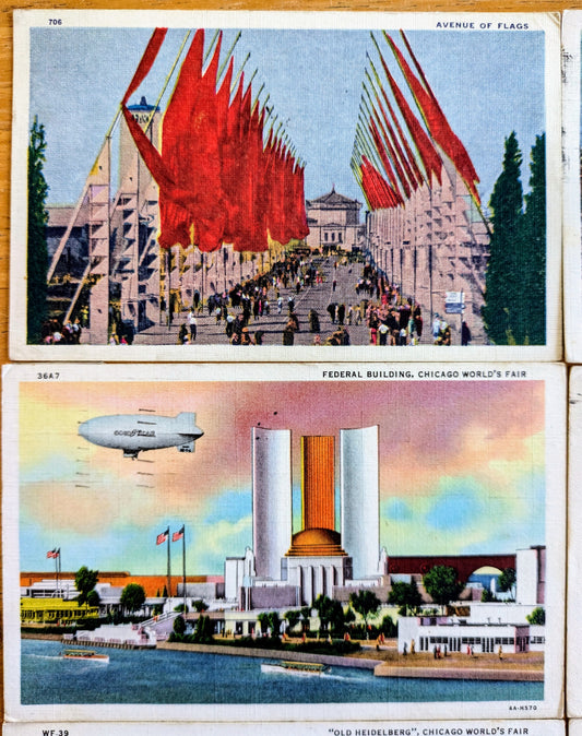 Lot of 6 1933 Chicago World's Fair Century of Progress Linen Postcards - All Posted/Stamped - Vintage Chicago World's Fair Postcard