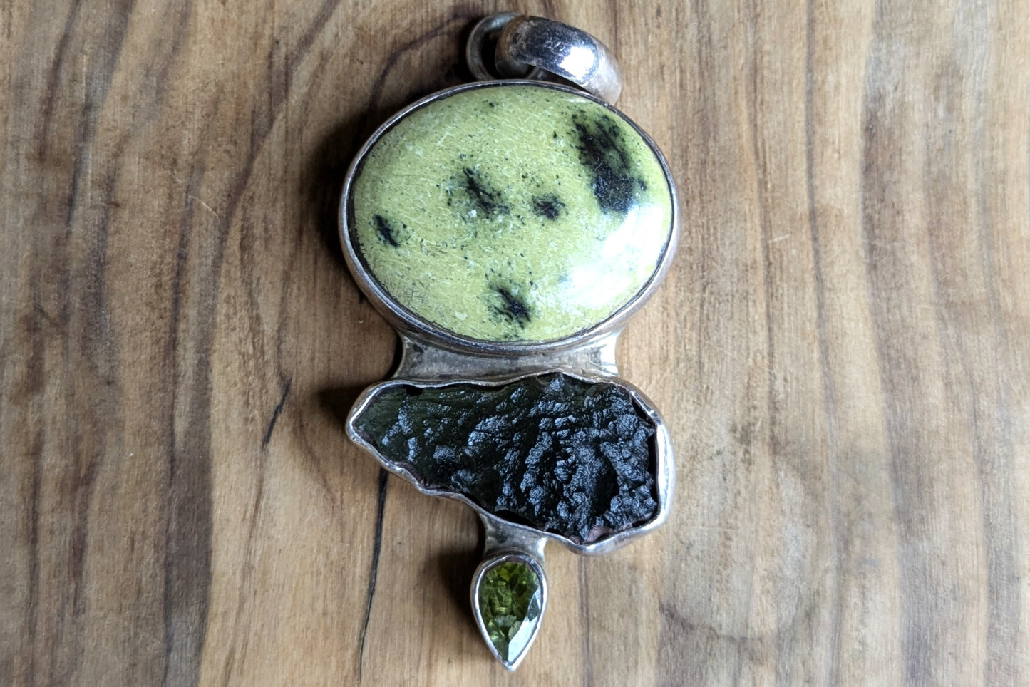 Sterling Silver Atlantisite, Moldavite, and Peridot Stone Pendant - Stamped and Tested Sterling Silver - Unique Green Multistoned Pendant