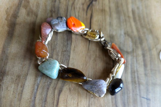 Vintage Polished Rock Chip Bracelet - 7.5 Inches - Semi precious Stone Bracelet - Missing One Stone