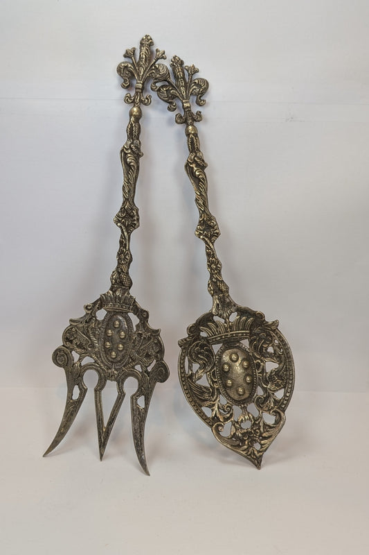 Bordini Silverplated Serving Spoon and Fork - Amazing Designs - Well Detailed - Large Antiques