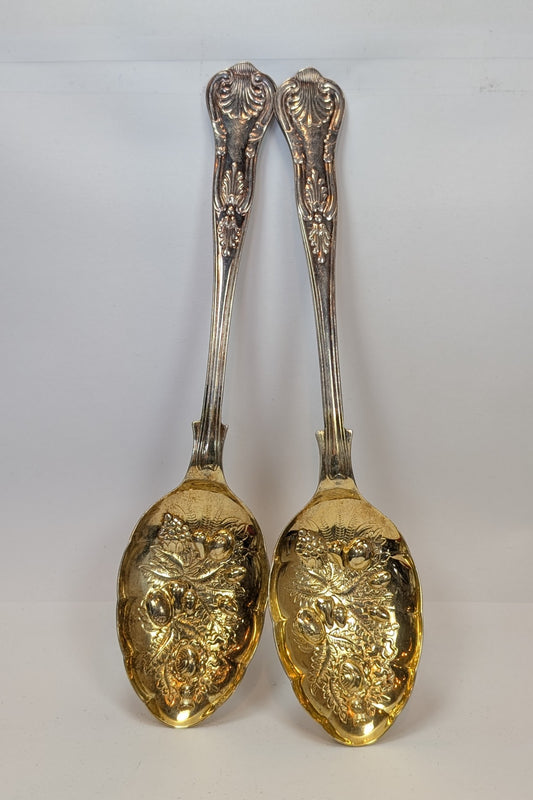 Sheffield EPNS Gold Tone Berry Design Serving Spoons - Amazing Designs - Well Detailed - Large Antiques