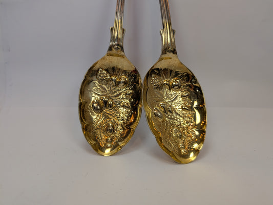 Sheffield EPNS Gold Tone Berry Design Serving Spoons - Amazing Designs - Well Detailed - Large Antiques