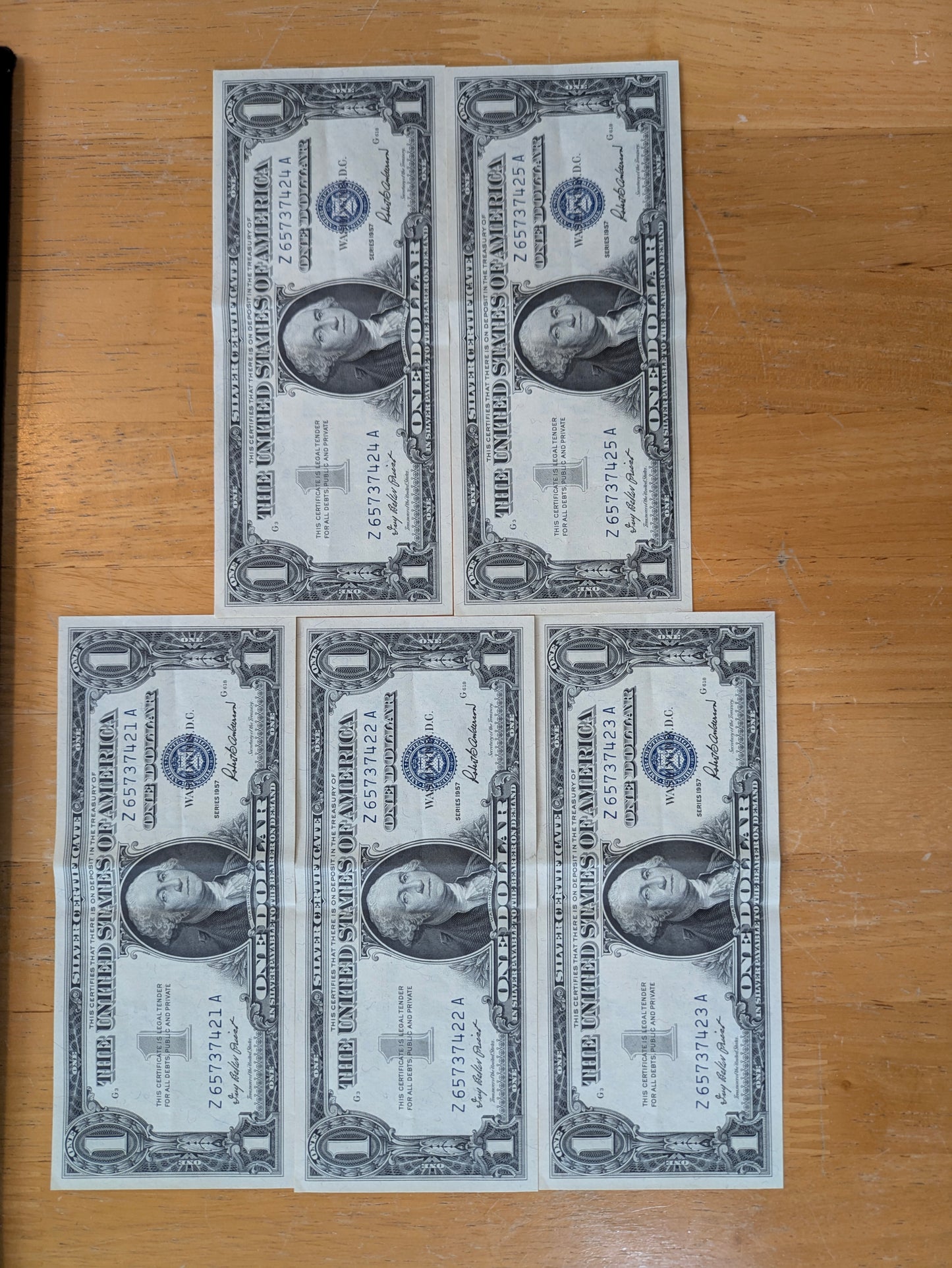 Set of Five 1957 Silver Cert Sequential Notes - Consecutive Serial Numbers - 1957 Silver Cert Blue Seal Banknotes - Fr#1619