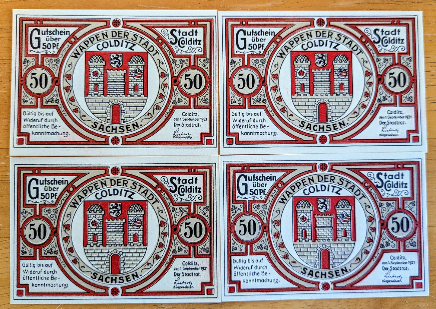 1921 Colditz Germany 50 Pfennig Notgeld Set - Set of 4 Different Backs- German Emergency Currency - 1921 German Fifty Pfennig Note Set