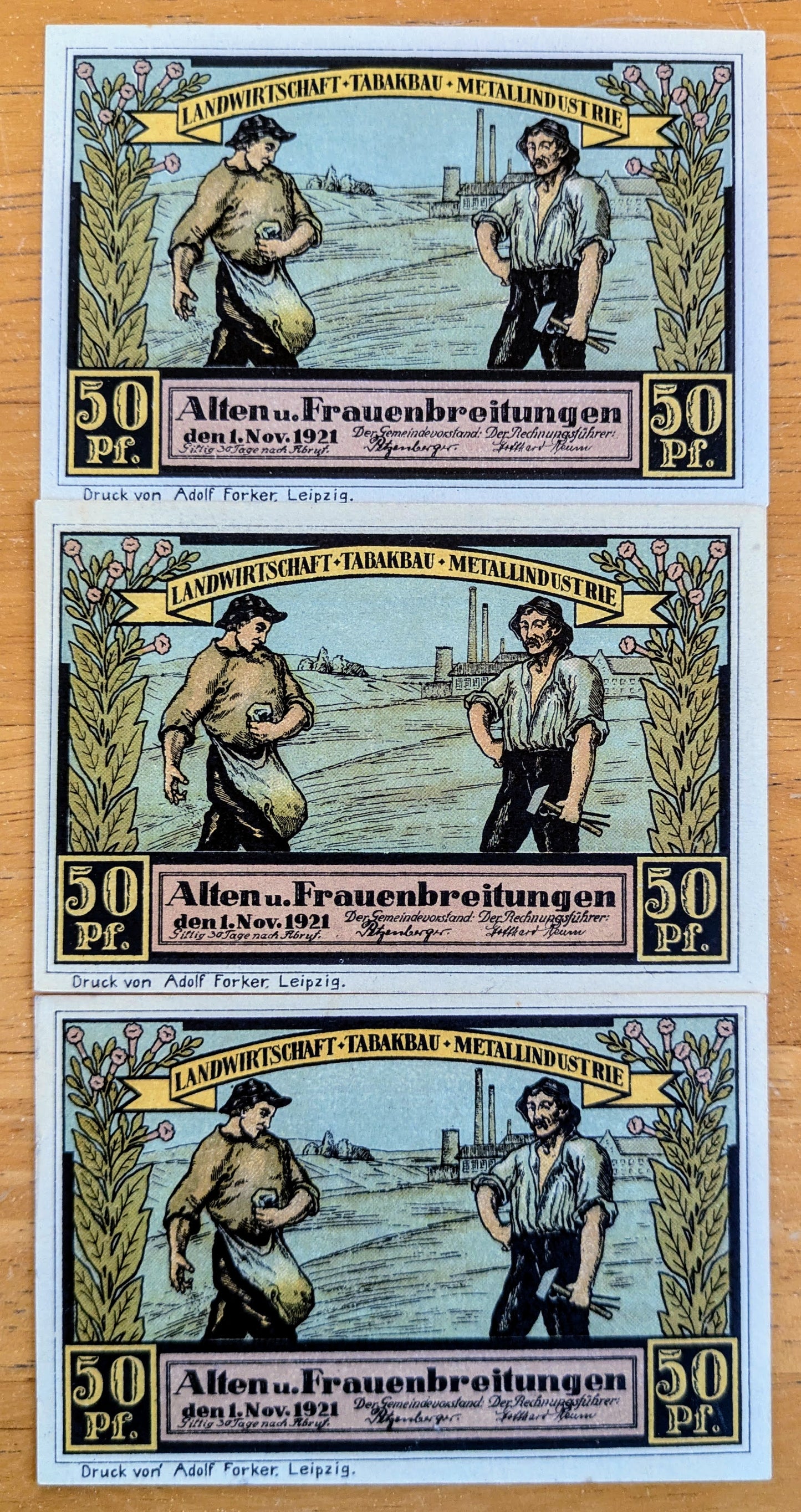 1921 Alten und Frauenbreitungen Germany 50 Pfennig Notgeld Set - Sights Series Set of 3 - 1921 German Emergency Currency Fifty Pfennig Notes
