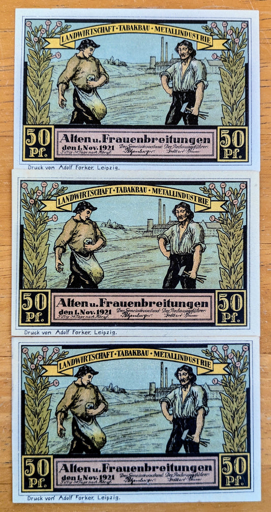 1921 Alten und Frauenbreitungen Germany 50 Pfennig Notgeld Set - Sights Series Set of 3 - 1921 German Emergency Currency Fifty Pfennig Notes