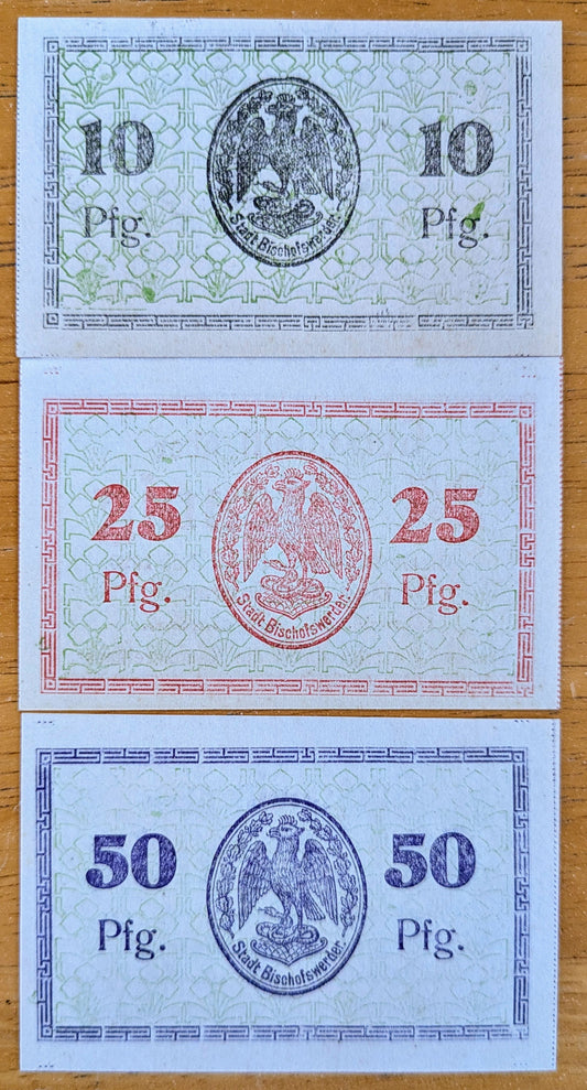 Rare 1920 Bischofswerder Germany 10, 25, 50 Pfennig Notgeld Set - Rare Underprint Type - 1920 German Emergency Complete Pfennig Set