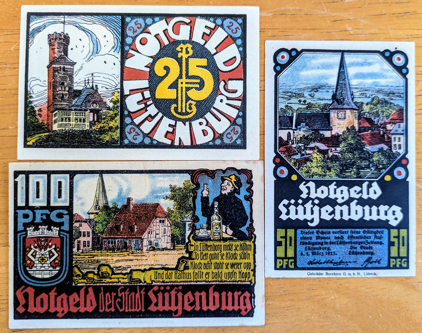 1921 Lutjenburg Germany 25, 50, 100 Pfennig Notgeld Set - Complete Denomination Set - 1921 German Emergency Currency Pfennig Note Set