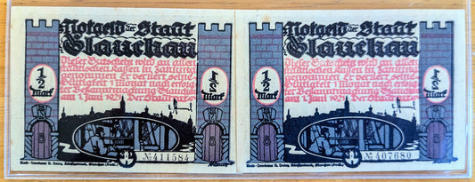 1921 Glauchau Germany 1/2 Mark Notgeld Set of 2 - Silhouette Series, No. 4 and 5 - 1921 German Emergency Currency 50 Pfennig Notes