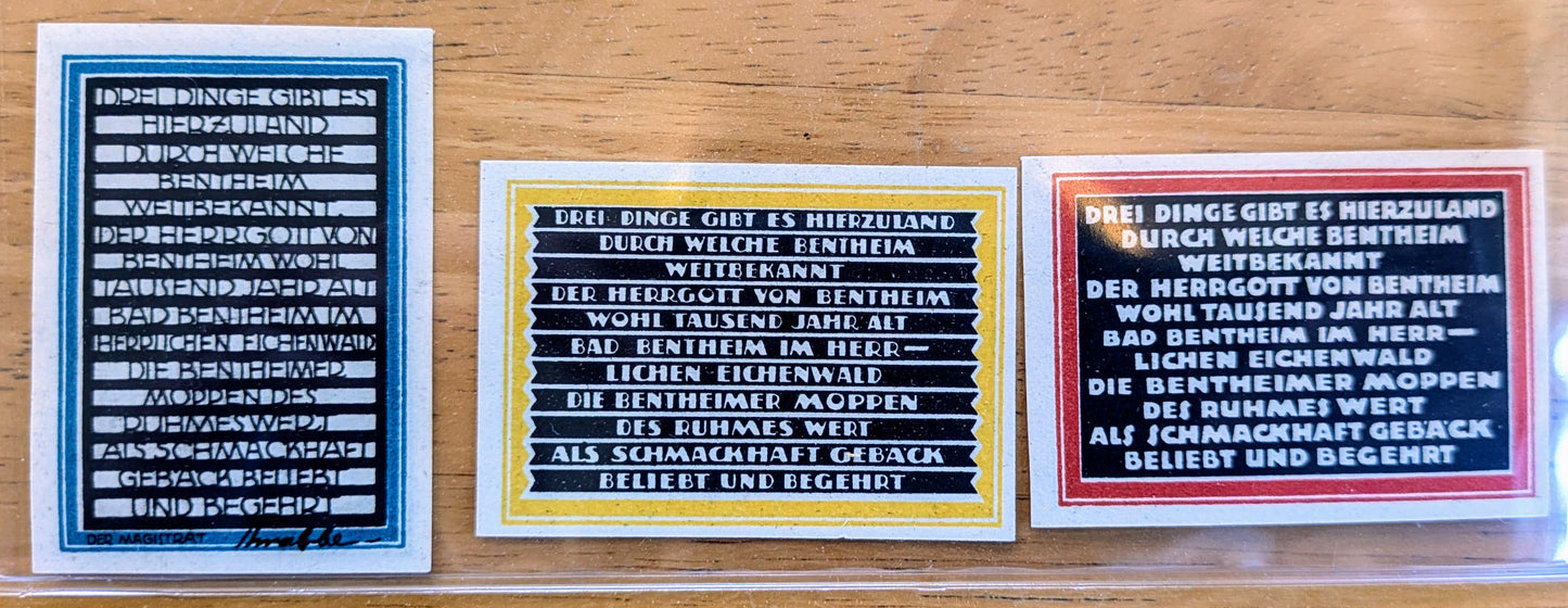 1921 Bentheim Germany 10 & 25 Pfennig 1 Mark Notgeld Set - Small Size Notgeld - 1921 German Emergency Currency Pfennig Note Set