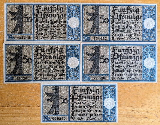 1921 Berlin Germany 50 Pfennig Notgeld Set - Set of 5, Landscapes Series - German Emergency Currency - 1921 German Fifty Pfennig Note Set