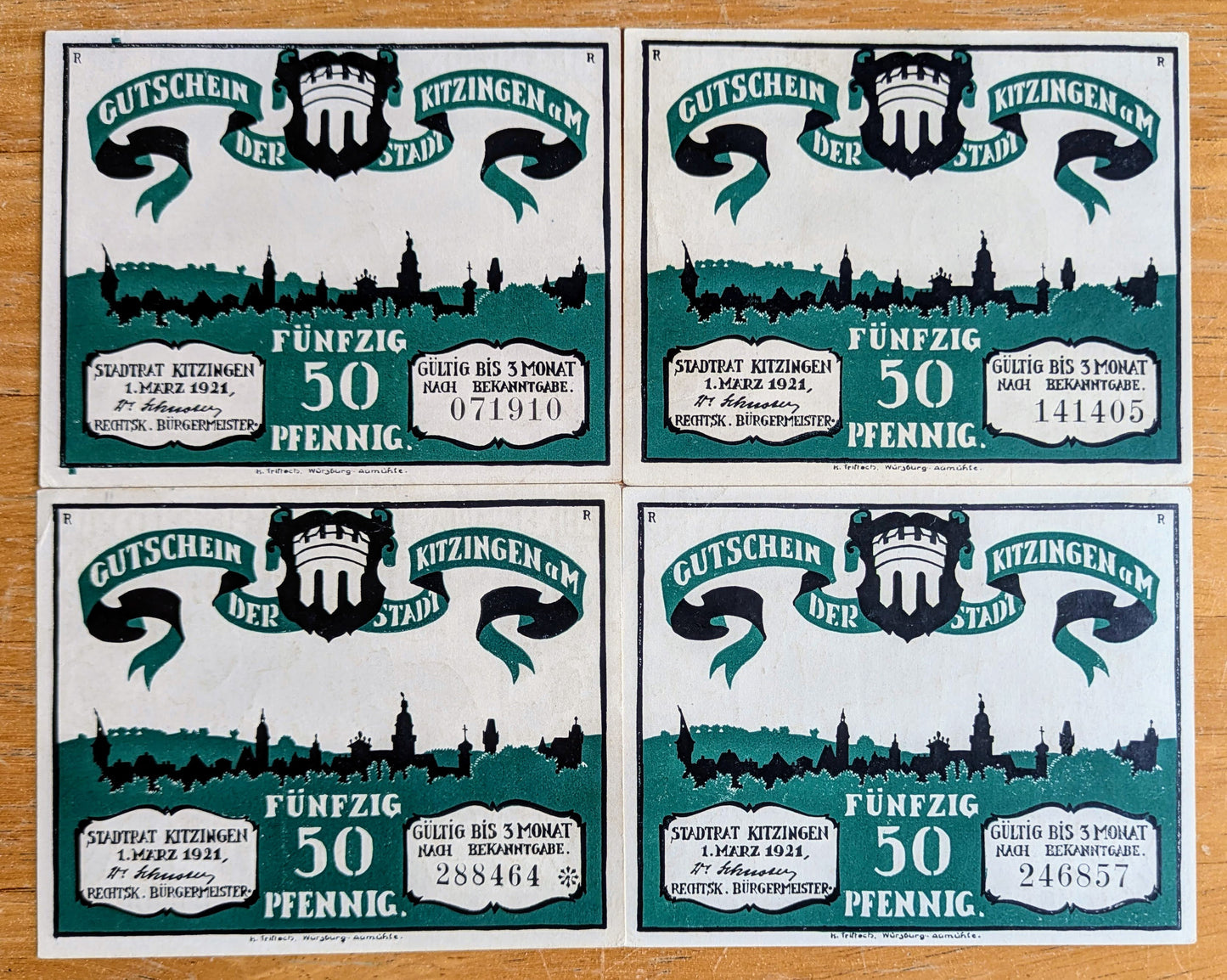 1921 Kitzingen Germany 50 Pfennig Notgeld Set - Set of 4 Different Backs - German Emergency Currency - 1921 German Fifty Pfennig Note Set
