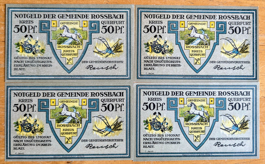 1921 Rossbach Germany 50 Pfennig Notgeld Set - Set of 4 Different Backs - German Emergency Currency - 1921 German Fifty Pfennig Note Set